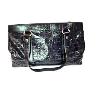 Vntg Monsac Large Black Leather Embossed Croc Structure Satchel Purse Handbag
